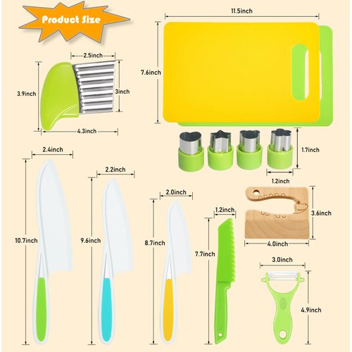 13 Pieces Montessori Kitchen Tools for Toddlers-Kids Cooking Sets Real-Toddler Safe Knives Set for Real Cooking with Plastic Toddler Safe Knives Crinkle Cutter Kids Cutting Board