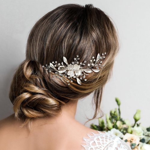 SWEETV Bride Wedding Hair Clip Flower Bridal Comb Silver Bride Hair Piece Crystal Side Combs Leaf Hair Accessories for Women and Girls