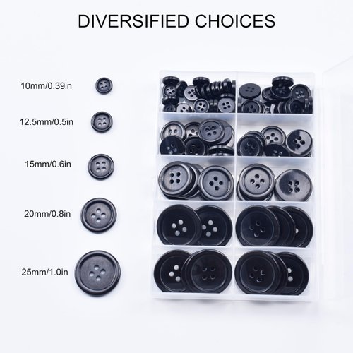 AKIRO 100 Pcs Premium Mixed Resin Sewing Buttons, 5 Sizes of Black Buttons Suitable for Sewing, Eco-Friendly 4-Hole Craft Buttons, DIY and Holiday Decoration (Black)