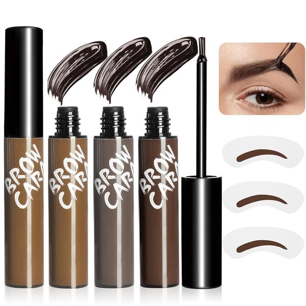 3Pcs Tattoo Peel Off Eyebrow Gel Tint, Brow Tattoo Peel Off Tint Brow Gel with Eyebrow Stencils, Eyebrow Tattoos Long-Lasting Makeup, Waterproof Eye Brow Pencils For Fuller & Defined Looking Brows
