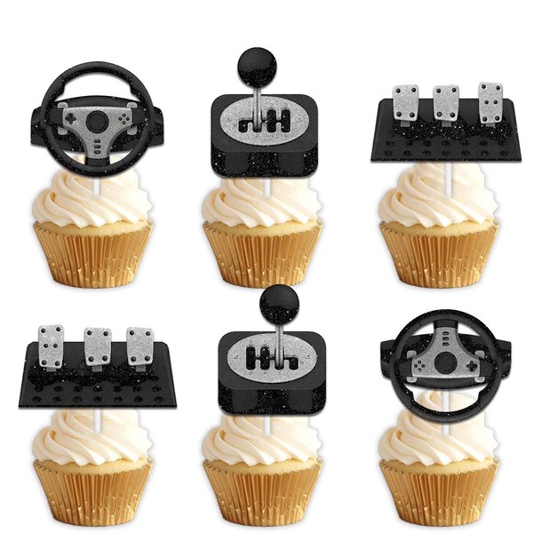 18pcs Black Glitter Car Steering Wheel Dessert Cupcake Topper Pick for Race Car Vehicle Repair Theme Decor Supplies Men woman Happy Birthday Party Decorations