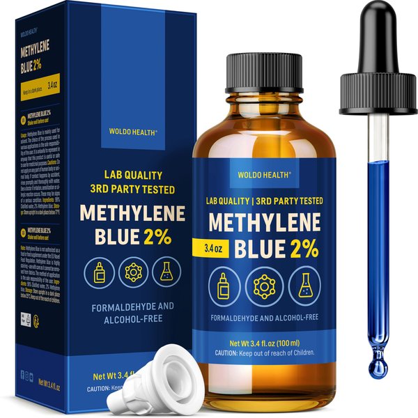 WoldoHealth Methylene Blue 2% Drops 3.4 Fl Oz - High Purity, hird-Party Tested, Formaldehyde Free