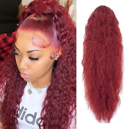 Long Ponytail Extension Curly Wavy Ponytail Hair Extensions for Women Drawstring Ponytail Synthetic Curly Ponytails Hairpieces Women Hair Extensions 26 Inch (Wine Red)