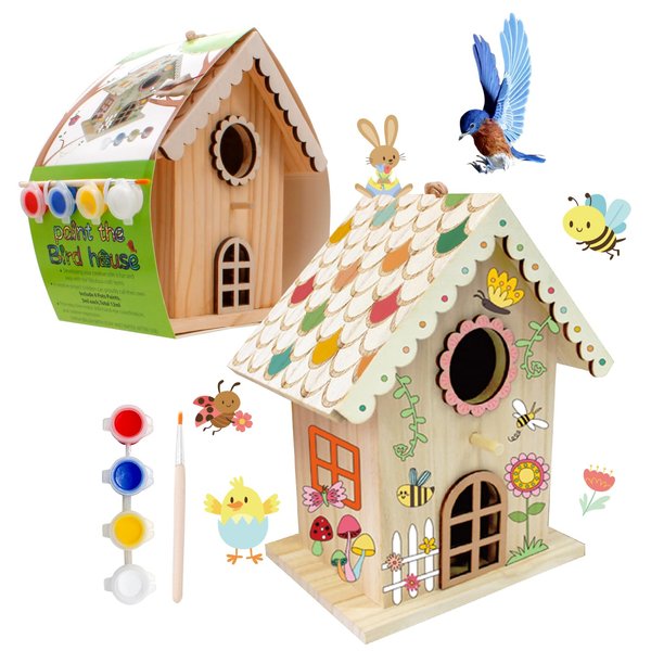DIY Wooden Birdhouse Painting Kit for Kids, Bird House to Paint Set,Wood Arts and Crafts for Children,Ages 3-12 Build Your Own Bird Houses Set,Includes Paints & Brushes