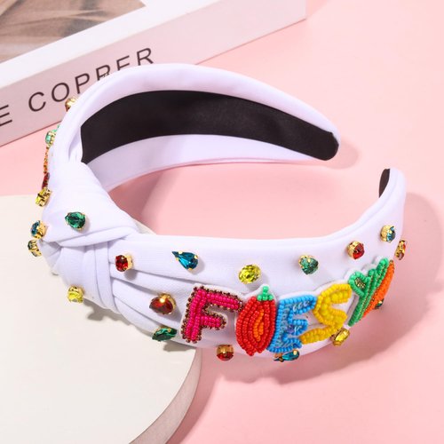 Mexican Headband for Women Cinco De Mayo Headband Beaded Fiesta Knotted Headband Embellished Rhinestone Crystal Wide Top Knot Headband Mexican Holiday Hair Accessory Party Favors Gifts (Fiesta)