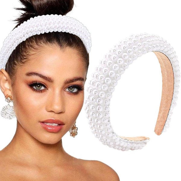 Bouory White Pearl Headbands Padded Wide Hairbands Bling Wedding Head Bands for Women and Bride