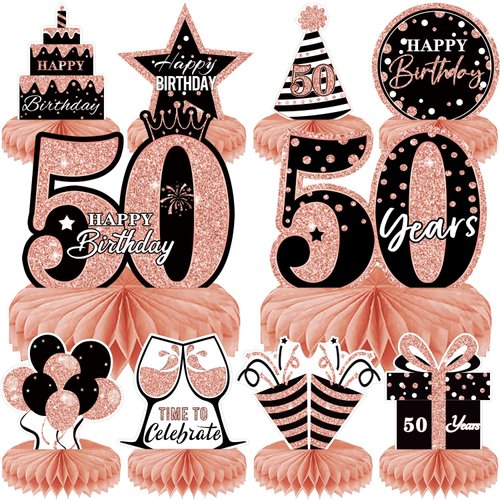 10Pcs Rose Gold 50th birthday decorations Honeycomb Centerpieces for women ，Happy 50th Birthday Centerpieces Tables Toppers Party Supplies,50th Birthday Table Sign Decor