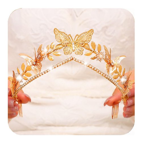Kilshye Butterfly Wedding Crowns and Tiaras Gold Leaf Headband Rhinestone Bridal Headpiece for Brides and Women