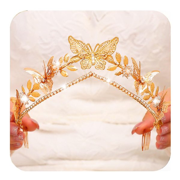 Kilshye Butterfly Wedding Crowns and Tiaras Gold Leaf Headband Rhinestone Bridal Headpiece for Brides and Women