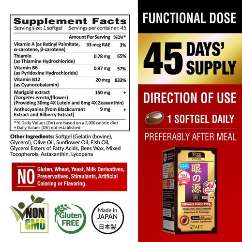 AFC Japan Ultimate Vision PRO – Improved, Up-Sized Formula - Support Vitamins for Eye Health with Lutein, Zeaxanthin 4X, Bilberry, Nutrients for Blurry Dry Eyes, Macular Health & Focus, 45 Softgels