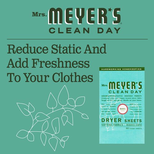 Mrs. Meyer's Clean Day Dryer Sheets, Softens Fabric, Reduces Static, Cruelty Free Formula, Basil Scent, 80 Count