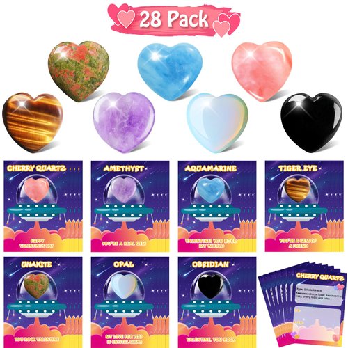 JOYPRO Valentines Day Gifts for Kids Classroom, 28 Pack Valentines Cards Goodie Bags with Heart Stones, Valentine Exchange Gifts Party Favors Crystal Gemstone Rocks for Girls Boys Classroom Prizes