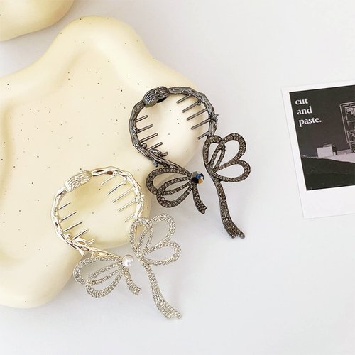 2 PCS Luxury Bow Ponytail Buckle Hair Pin Pearl Butterfly Hairpin Glaring Hair Clips Rhinestones Barrettes Korean Style Hair Accessories for Women Girls (Gold + Black)