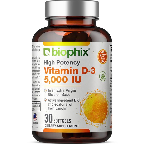 biophix Vitamin D-3 5000 IU 30 Softgels - High-Potency in Extra Virgin Olive Oil, Non-GMO, Soy-Free, Supports Bone, Immune Health and K2
