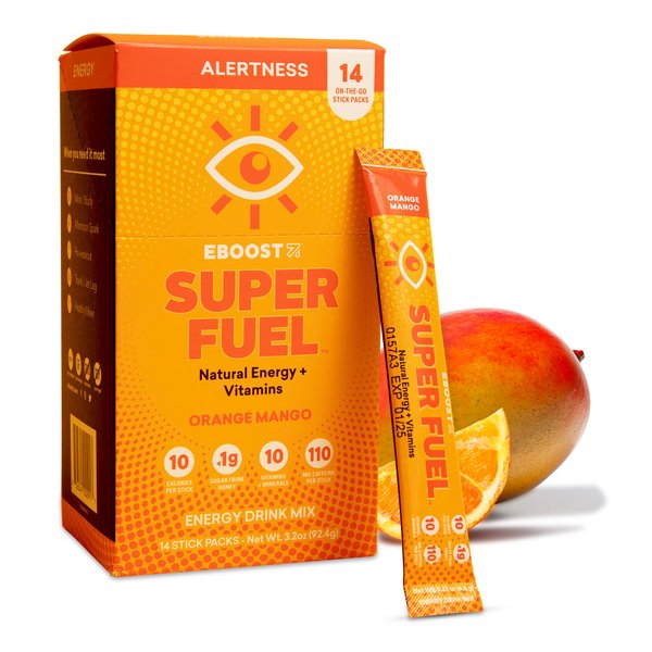 EBOOST Energy Drink Powder, Super Fuel - Orange Mango, 14 Packets - Pre-Workout Powder Energy Drink Mix - Natural Energy, L-Tyrosine, L-Theanine & Vitamins - Preworkout for Women & Men to Go