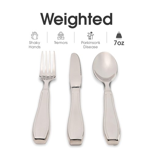 BUNMO Utensils for Elderly, Arthritis, Weak Hand Grip & Handicapped - Convenient Travel Pouch - for Tremors and Parkinsons Patients - Stainless Steel - Eat Independently - Weighted 3 Piece Set