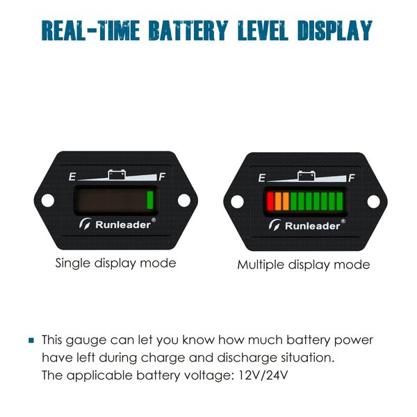 Runleader 12/24V Battery Fuel Gauge Meter,Battery Level Meter,Lead Acid Battery Applicably,Single & Multiple Screen Display for Golf Cart Club Car Forklift Scrubber Machine (12/24V)