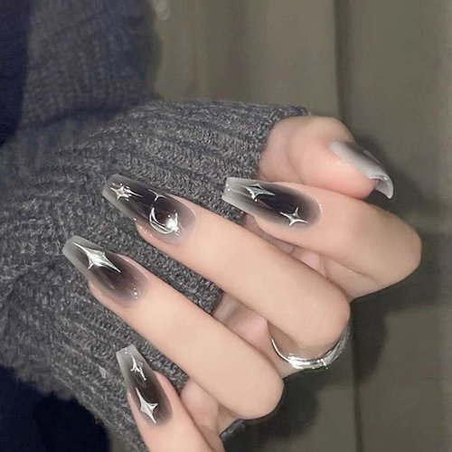 Medium Press on Nails Coffin Fake Nails Stars with Moon Design Black Gradient False Nails Acrylic Artificial Glue on Nails Full Cover Stick on Nails for Women Girls Manicure Decoration 24Pcs