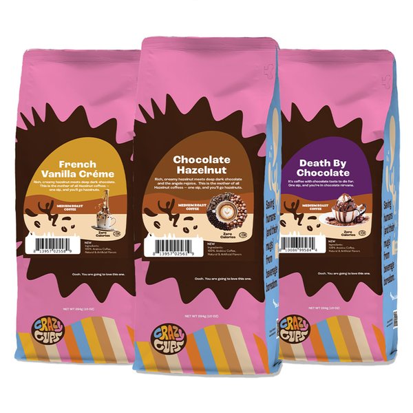 Crazy Cups Flavored Ground Coffee Variety Pack, Includes Chocolate Hazelnut, French Vanilla Creme & Death By Chocolate, in 10 oz Bags, Variety 3 Pack