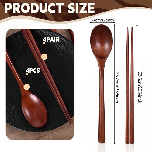Wooden Spoon and Chopsticks, 8 Pcs Reusable Wooden Spoons Chopsticks Set Tableware Combination for Stirring Cooking Eating 9.3 Inch