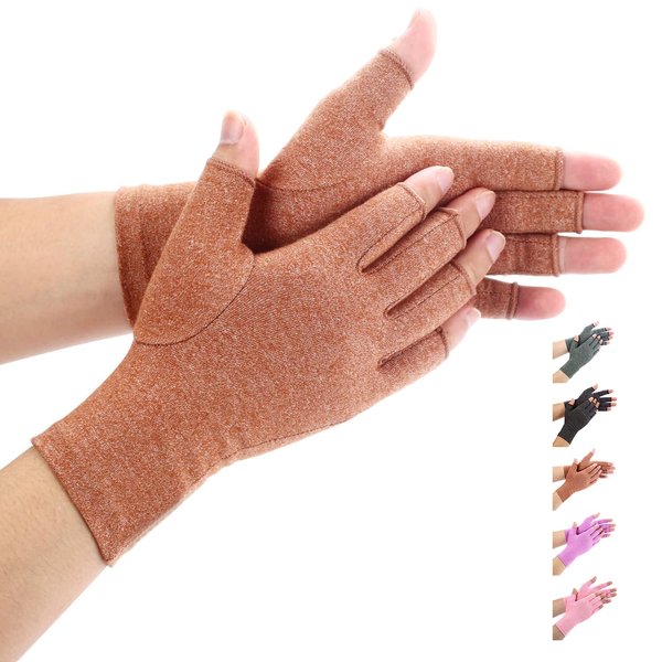 Duerer Arthritis Compression Gloves Women Men for RSI, Carpal Tunnel, Rheumatiod, Tendonitis, Fingerless Gloves for Computer Typing and Dailywork (Brown, M)