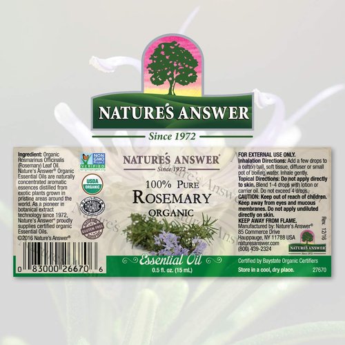 Nature’s Answer USDA Organic Rosemary Essential Oil, 100% Pure | Natural Aromatherapy Oil for Diffuser/Humidifier, Steam Distilled 0.5 fl oz. (15ml) | Made in USA