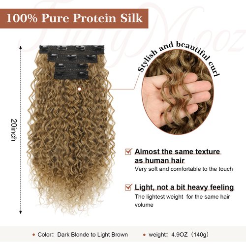 Clip in Hair Extensions, FLUFYMOOZ 4PC 100％ Pure Protein Silk Hair Extensions Long Soft Natural Hairpiece 20 Inch Curly Hair Extension for Women (Dark Blonde to Light Brown)