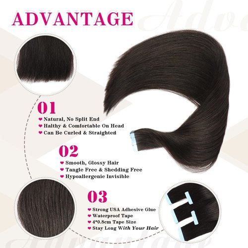 Tape in Hair Extensions Human Hair 100% Real Remy Human Hair Extensions Seamless Straight Hair extensions Real Human Hair Tape in Extensions 26Inch 20Pieces 50g/Set #1B Naturl Black