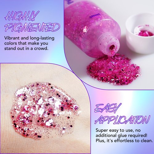 MAEPEOR Face Body Glitter Gel 14 Colors Mermaid Sequins Body Glitter Gel Chunky Holographic Glitter Liquid Body Makeup for Face Body Hair Nails (50ml, F04 Hot Pink)