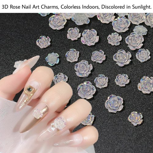3D Flower Nail Charms 4 Boxes of Clear Rose Accessories with Pearls and Caviar Beads 2 Sizes Colorless to Light Change Red Pink for DIY Acrylic Nail Art Decorative Supplies