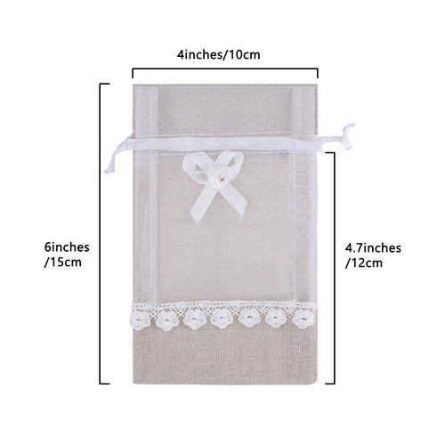 SumDirect Rose Drawstring Burlap Bags - 20pcs 4x6 Inch Lace Jute Organza Favor Gift Bags, Sheer Linen Favor Bags for Wedding