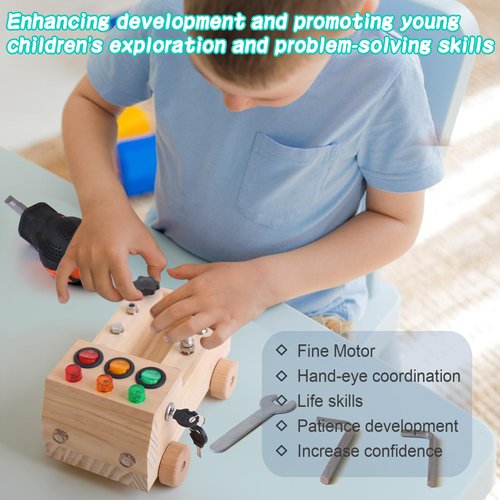 SHIERDU LED Lights Busy Screw car, Wooden Montessori Screwdriver Board for Children, fine Motor Skills Toys for Toddlers, Light Switch Autistic Sensory Toys, Gifts for Boys and Girls Over 3 Years Old