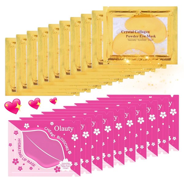 20 Pairs 24k Gold Eye Mask & Lip Mask, Gel Collagen Eye Patches for Puffy Eyes, Effectively Moisturizing Anti-Wrinkles Eye Masks for Puffiness and Dark circles