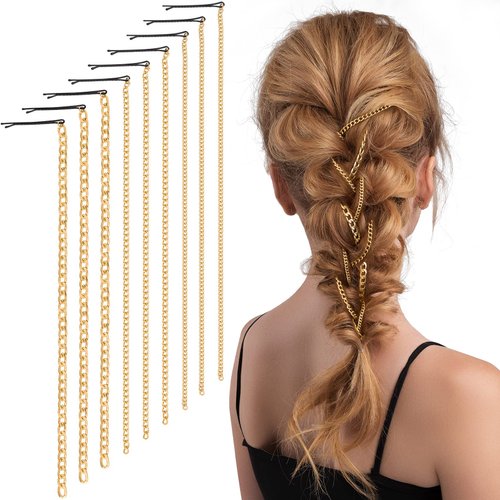 PAGOW 9Pcs Punk Gold Hair Clips Chain with Clips, Punk Tassel Hair Clips for Women and Girls, Ponytail Multi Strand Head Chain Decorated Apply to Nightclub Christmas Thanksgiving Party