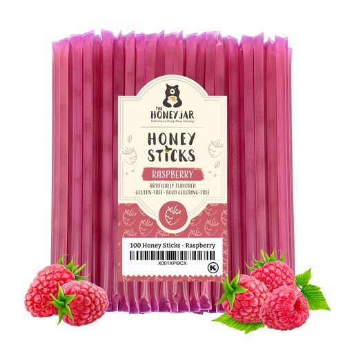 The Honey Jar Raspberry Flavored Raw Honey Sticks - Pure Honey Straws For Tea, Coffee, or a Healthy Treat - One Teaspoon of Flavored Honey Per Stick - Made In The USA with Real Honey - (100 Count)