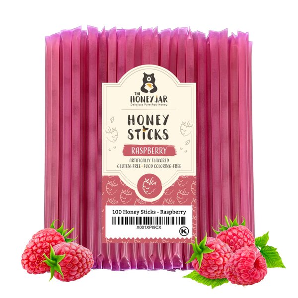 The Honey Jar Raspberry Flavored Raw Honey Sticks - Pure Honey Straws For Tea, Coffee, or a Healthy Treat - One Teaspoon of Flavored Honey Per Stick - Made In The USA with Real Honey - (100 Count)