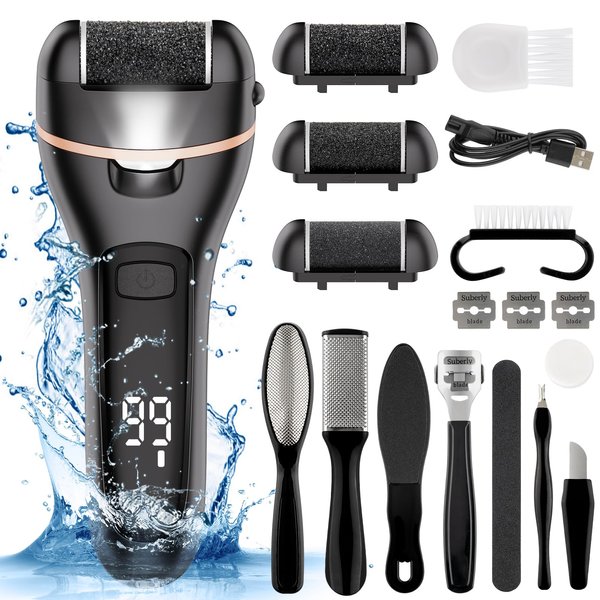 ANGLECHAT Electric Callus Remover for Feet Waterproof Rechargeable 18 in 1 Professional Pedicure Kit Foot File Pedi Scrubber Foot Care Tools Wet & Dry For Hard Cracked Dry Dead Skin 3 Rollers 2 Speeds