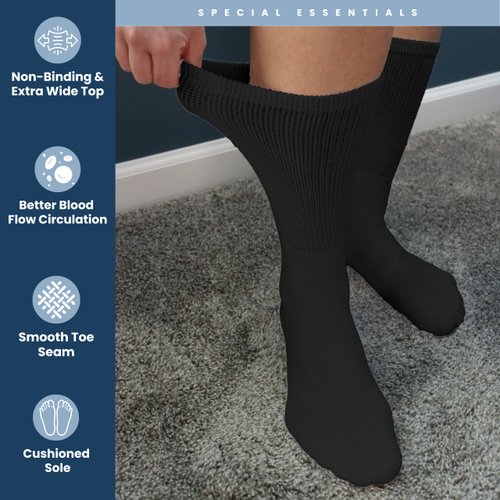 Special Essentials 12 Pairs Cotton Diabetic Socks for Men & Women - Non-Binding Extra Wide Top Neuropathy Socks - Crew Socks Black 10-13
