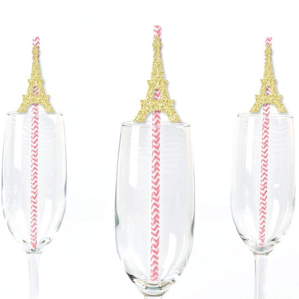 Gold Glitter Eiffel Tower Party Straws - No-Mess Real Gold Glitter Cut-Outs and Decorative Paris Themed Baby Shower or Birthday Party Paper Straws - Set of 24