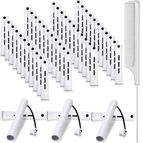 48 Pieces Hair Perm Rods Short Cold Wave Rods Plastic Perming Rods Hair Curling Rollers Curlers with Steel Pintail Comb Rat Tail Comb for Hairdressing Styling Supplies (White, 0.63 Inch)