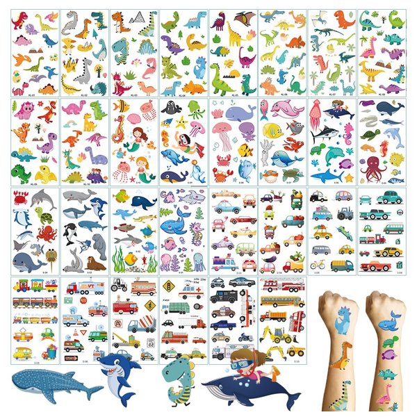 30 Sheets Temporary Tattoos Kit for Kids, Fake Cute Tattoo Stickers Waterproof, Birthday Party Favor（Dinosaur & Sea Animal & Vehicle)