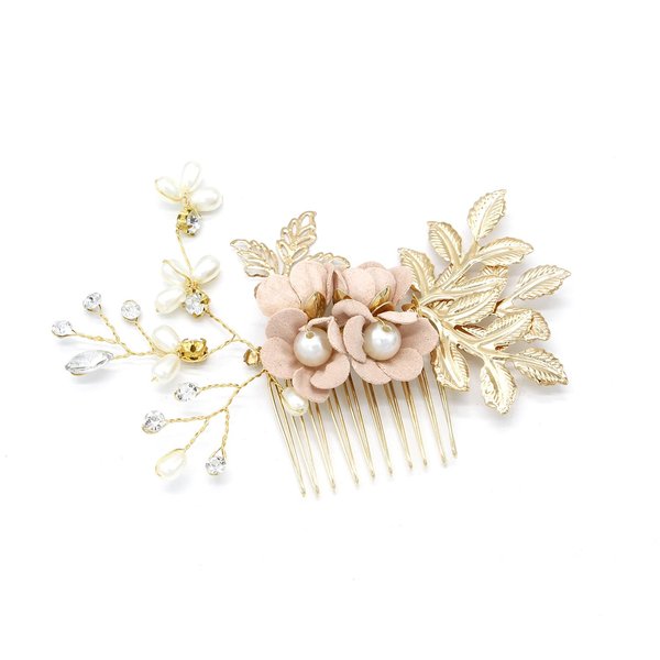 Bridal Hair Combs, Wedding Hair Comb Crystal Flower Hair Clips Bride Bridesmaid Hair Sides Comb Rhinestone Barrettes, Pearl Flower Hair Pins Hair Accessories for Women Girls (Pink)