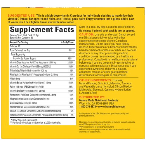 Nature Made ImmuneMAX Fizzy Drink Mix, with Vitamin C, Vitamin D, and Zinc Supplement for Immune Support, Fast Absorption, 30 Stick Packs, 0.4 Ounce