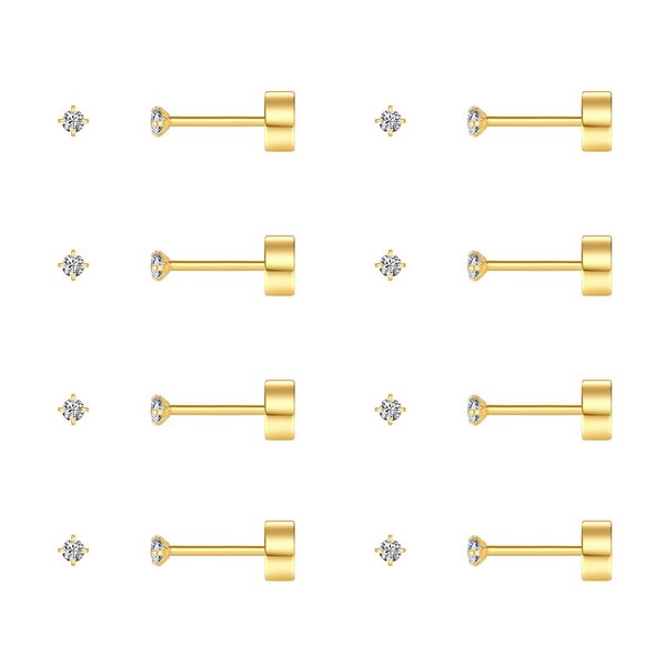 FOSIR 8 Pairs Tiny Stainless Steel Stud Earrings Set for Women Men Cubic Zirconia Flat Back Earrings Hypoallergenic Cartilage Piercing (Gold, 2mm CZ)