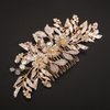 Teyglen Flower Wedding Hair Comb Gold Leaf Headpiece Bridal Flower Rhinestone Pearl Side Comb Handmade Hair Piece Hair Accessories for Women Girls (Gold)
