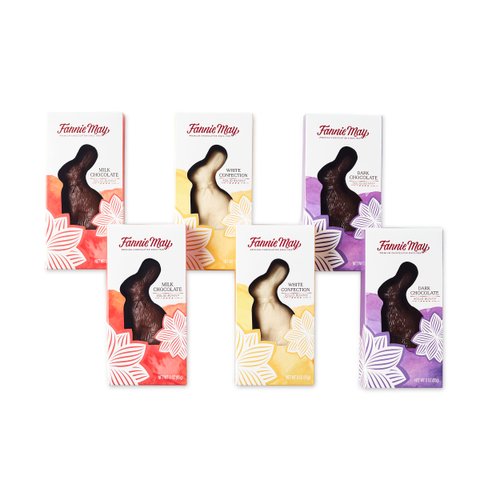 Fannie May Easter Bunnies, featuring Milk Chocolate, Dark Chocolate and White Bunnies 6 Ct, 3 oz each, Perfect Easter Basket Stuffers