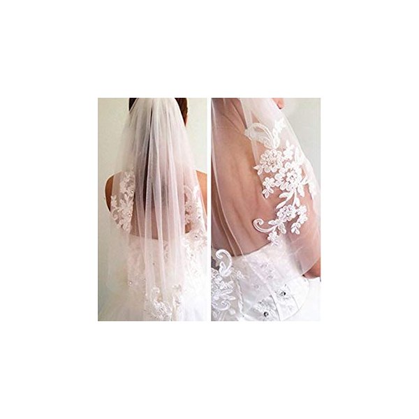 Kercisbeauty Bridal Lace Embroidery Hollow Out Flower White and Ivory Veil Drop Wedding with Hair Comb Crystal Beads Wide Lace Veil Chapel Veil Single Layer Veil Wedding Hair Accessories (Ivory)