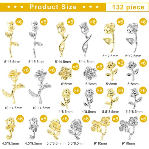 HINZIC 132pcs Rose Charms for Nails 3D Flower Nail Charms Metal Gold Silver Nail Jewels Rhinestones Glitter Nail Studs for Acrylic Nails Decoration Valentines Birthday Christmas DIY Craft Making