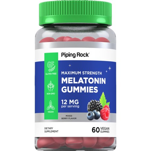 Piping Rock Melatonin Gummies 12mg | 60 Count | Maximum Strength | Berry Flavor | Vegan, Non-GMO, Gluten Free Supplement