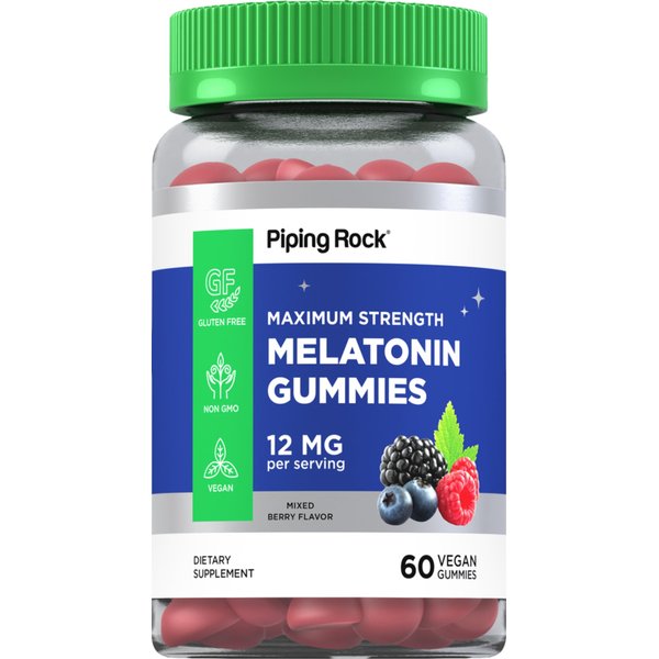 Piping Rock Melatonin Gummies 12mg | 60 Count | Maximum Strength | Berry Flavor | Vegan, Non-GMO, Gluten Free Supplement